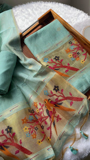 Weave & Wear Sky Blue Paithani Muga Cotton Unstitched Suit Set